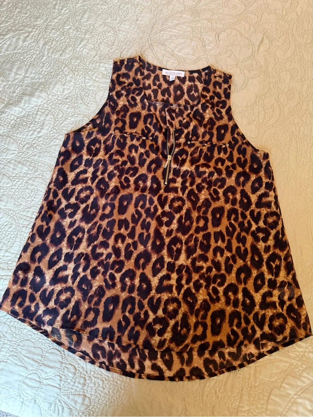 Active USA Leopard Print Zip Front Sleeveless Blouse Top Y2K Safari Glam M